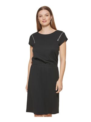 DKNY Womens Black Zippered Pullover Round Neck Knee Length T-Shirt Dress S