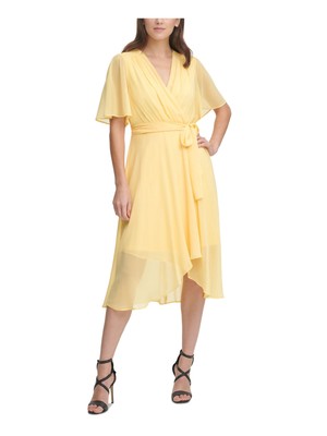 

DKNY Женское желтое платье миди с запахом и завышенной талией на завязках и подкладке с рукавами-крылышками, Желтый