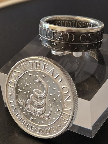 Dont Tread on Me Coin Ring .999 Silver Live Free Or Die You Pick Size 8-13