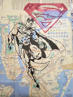 Acrylic Artwork of Superman on a NYC Subway Map  Rare Original Hand-painted