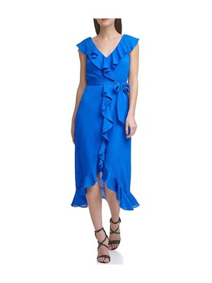 

DKNY Womens Blue Self Tie Belt Cap Sleeve V-образным вырезом Midi Party Hi-Lo Dress, Синий