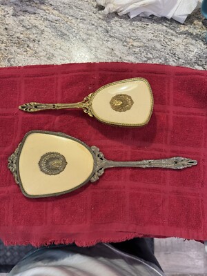 Vintage 24k Gold Plated Vanity Dresser Set Hand Mirror Brush