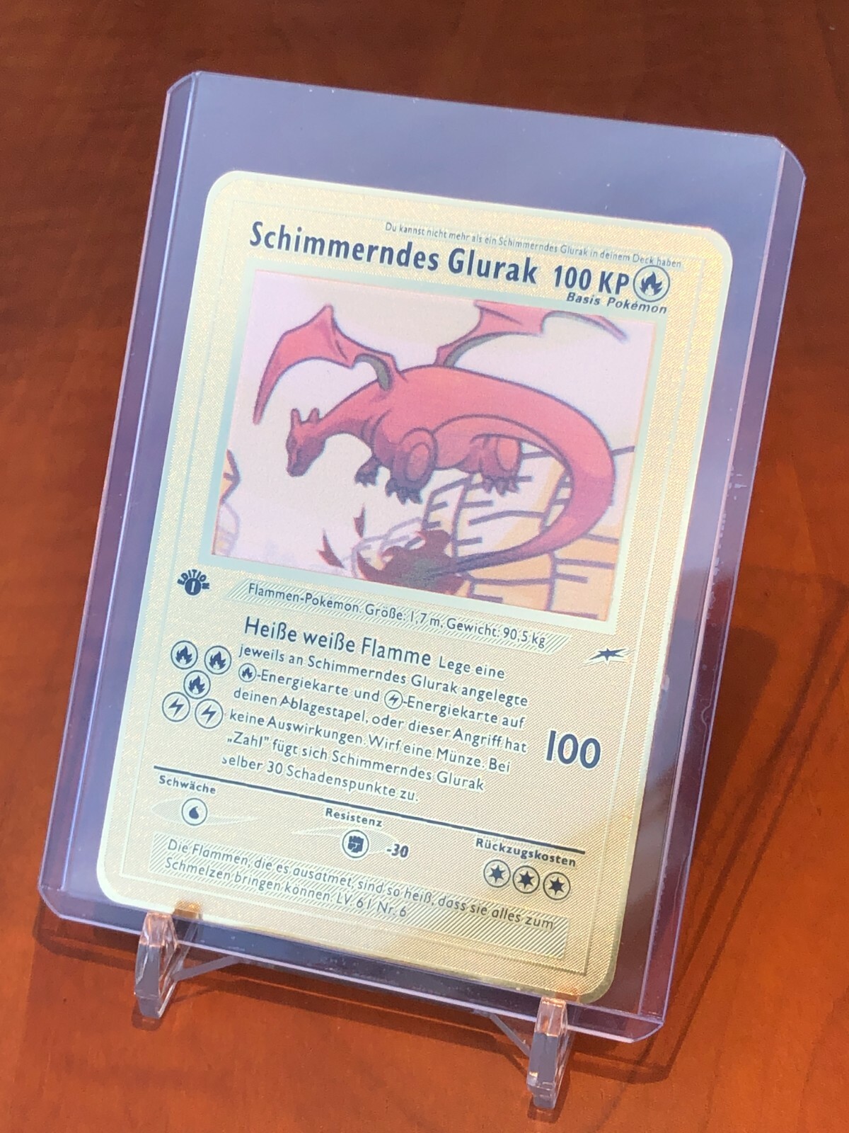  DEUTSCH Schimmerndes Glurak 1st Edition Metall Gold Pokemon Karte 