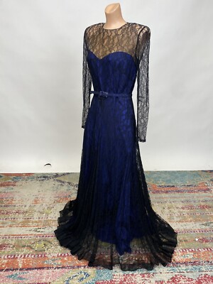 Antique Vintage 1940s Black & Blue Silk Chiffon Lace Bias Cut Full Length Gown