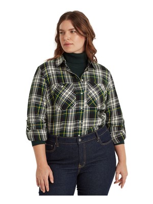 

Женский бежевый топ в клетку с манжетами и воротником на пуговицах RALPH LAUREN Plus