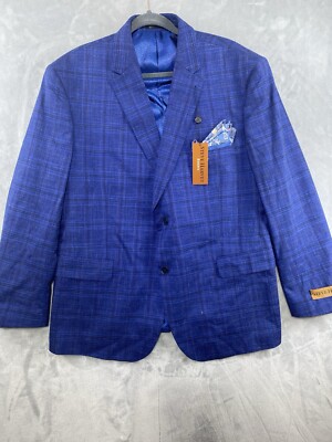 Steve Harvey Jacket Men 46 Blue Sport Coat Two Button Up Single Breasted Plaid