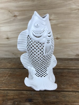 Vintage White Ceramic Fish Koi Statue Reticular Cut Out Upright Figurine