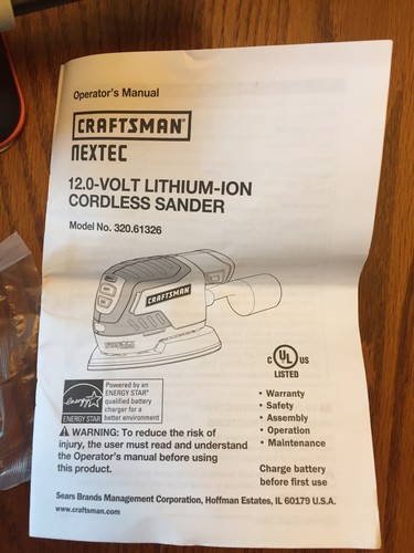 Sears Craftsman TrueFinish Sander NEXTEC 12V Lithium-ion cordless hand-held palm