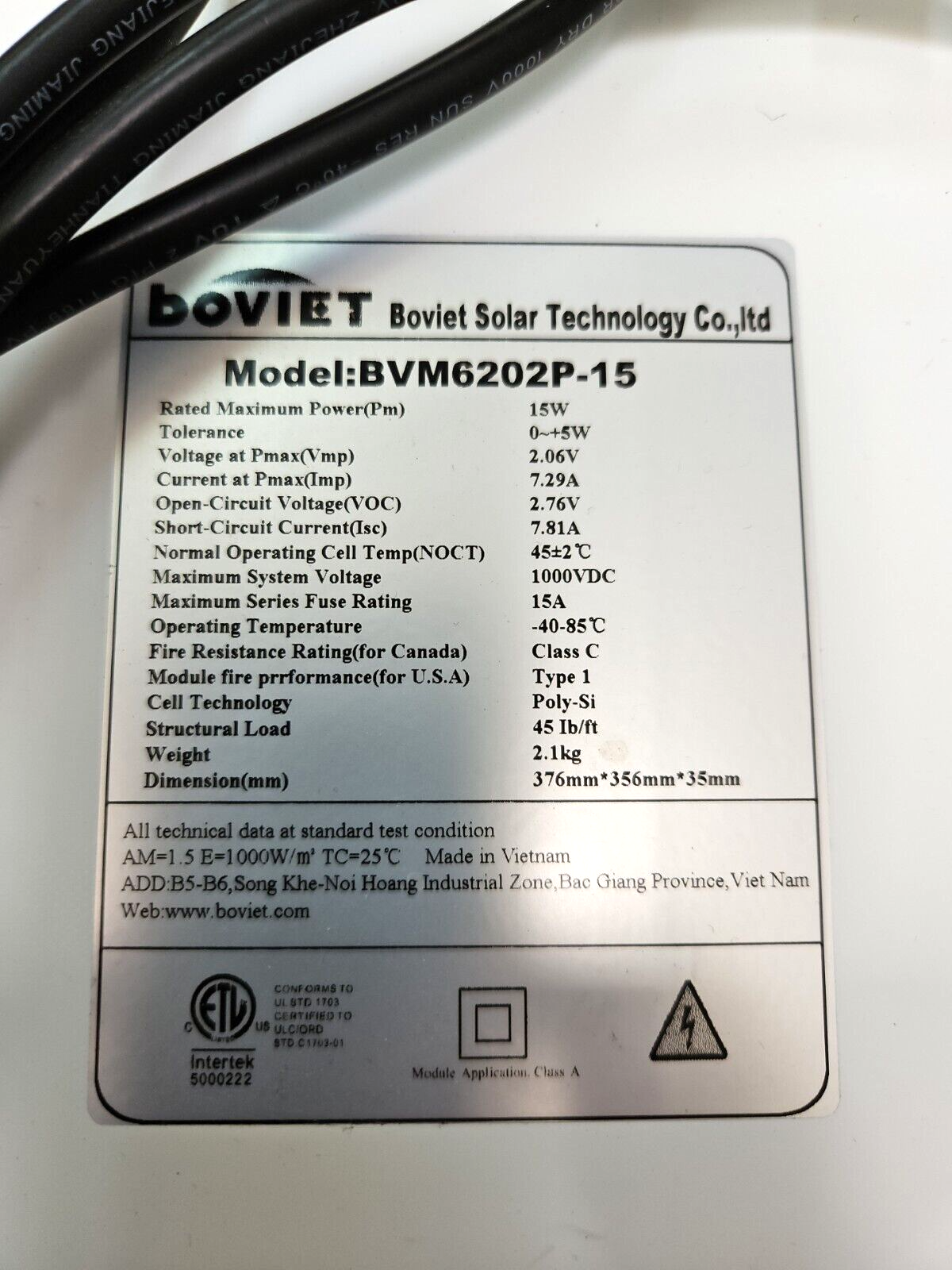 Solar Panel 15 Watt, 2.76 volt, by Boviet Solar, BMV6202P-15