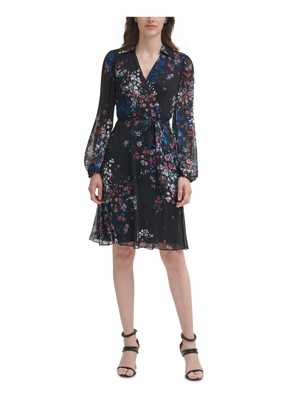

DKNY Womens Black Tie Belt с пышными рукавами выше колена Faux Wrap Dress, Черный