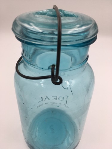 Antique Vintage Ball Ideal Quart Jar #3 Wire Bail Blue Green Glass 1910-1923