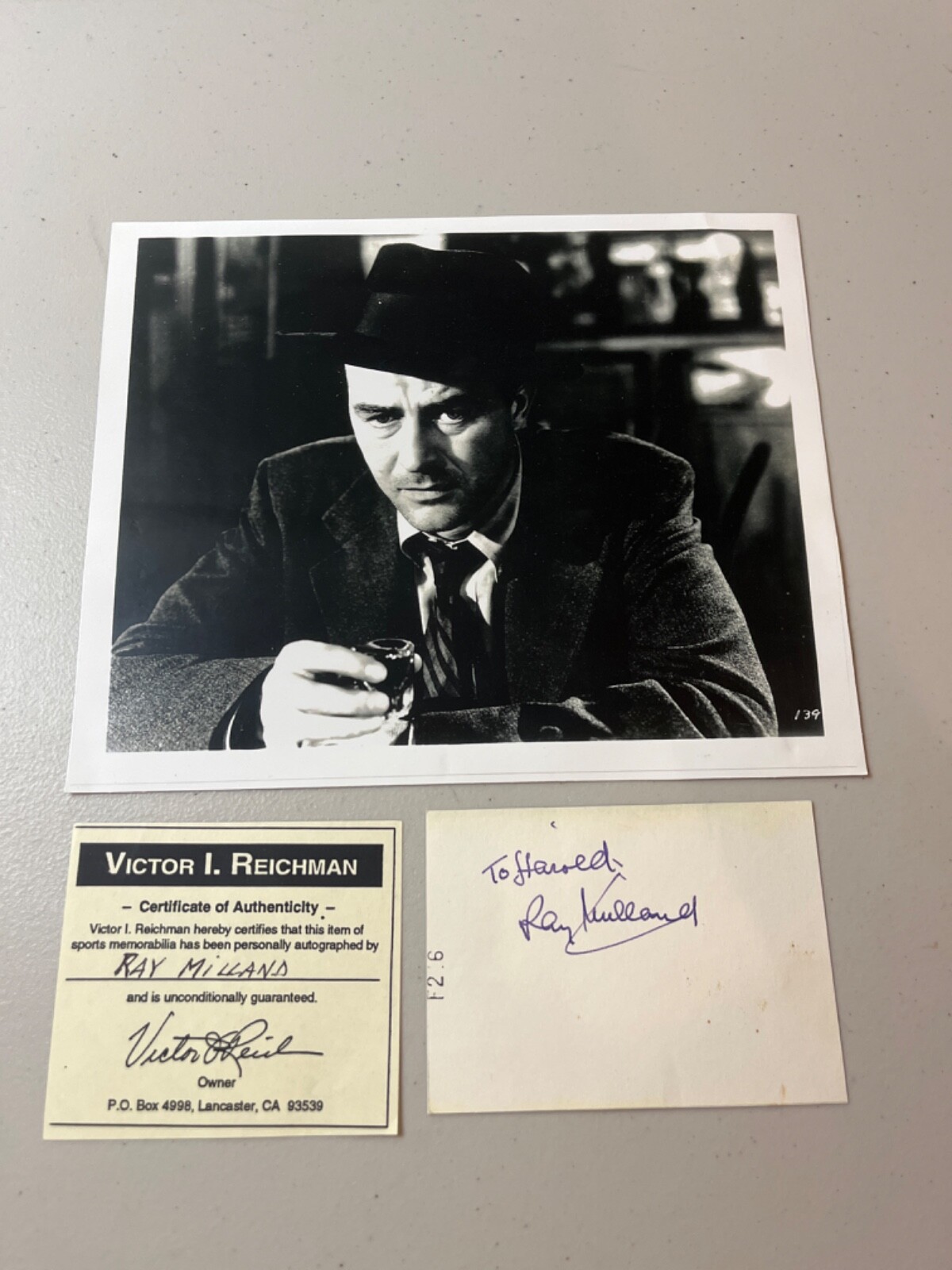 Ray milland Signed Index Card and Certificate of Authenticity