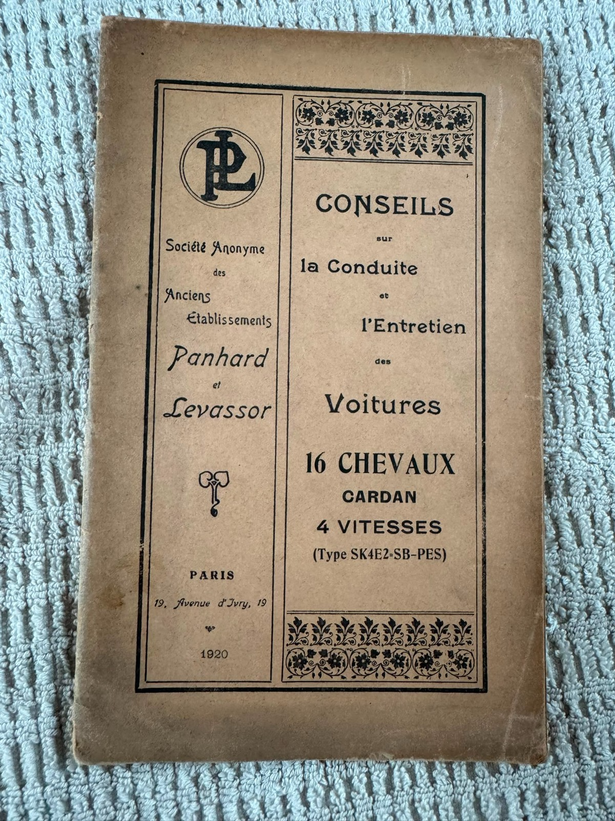 1920 Panhard & Levassor 16 HP Motorcar Automobile Instruction Manual Handbook