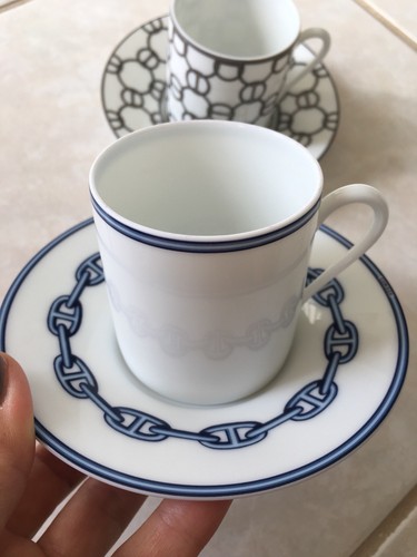 Hermes Demitasse Cups & Saucers Fil d’Argent & Chaine d’Ancre