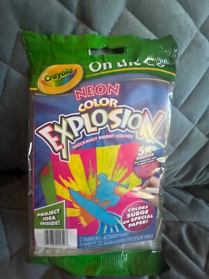 CRAYOLA ON THE GO NEON COLOR EXPLOSION 2 MARKERS / 5 SHEETS OF PAPER - NEW