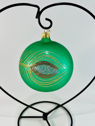 Pier 1 Imports Green Gold Glitter Peacock Ball Glass Christmas Ornament New