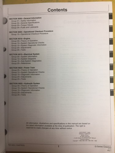 John Deere 450G 455G 550G 555G 650G Crawler Technical Test Repair Manual TM1403