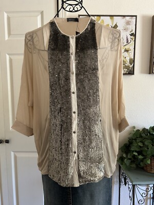 Rohit Gandhi + Rahul Khanna Beige Silk Button Shirt Dolmen Sleeve Sequin Front S