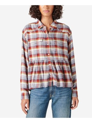 

LUCKY BRAND Женский серый топ на пуговицах с манжетами без подкладки в клетку с баской