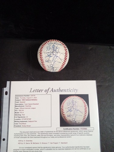 1994 Oakland Athletics Team Signed Baseball (22 Sigs) JSA BB