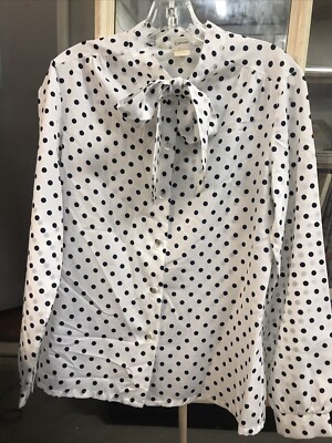 JC Penney Womens White w/Black Polka Dots Tie Neck Polyester Classic Bow Sz 16
