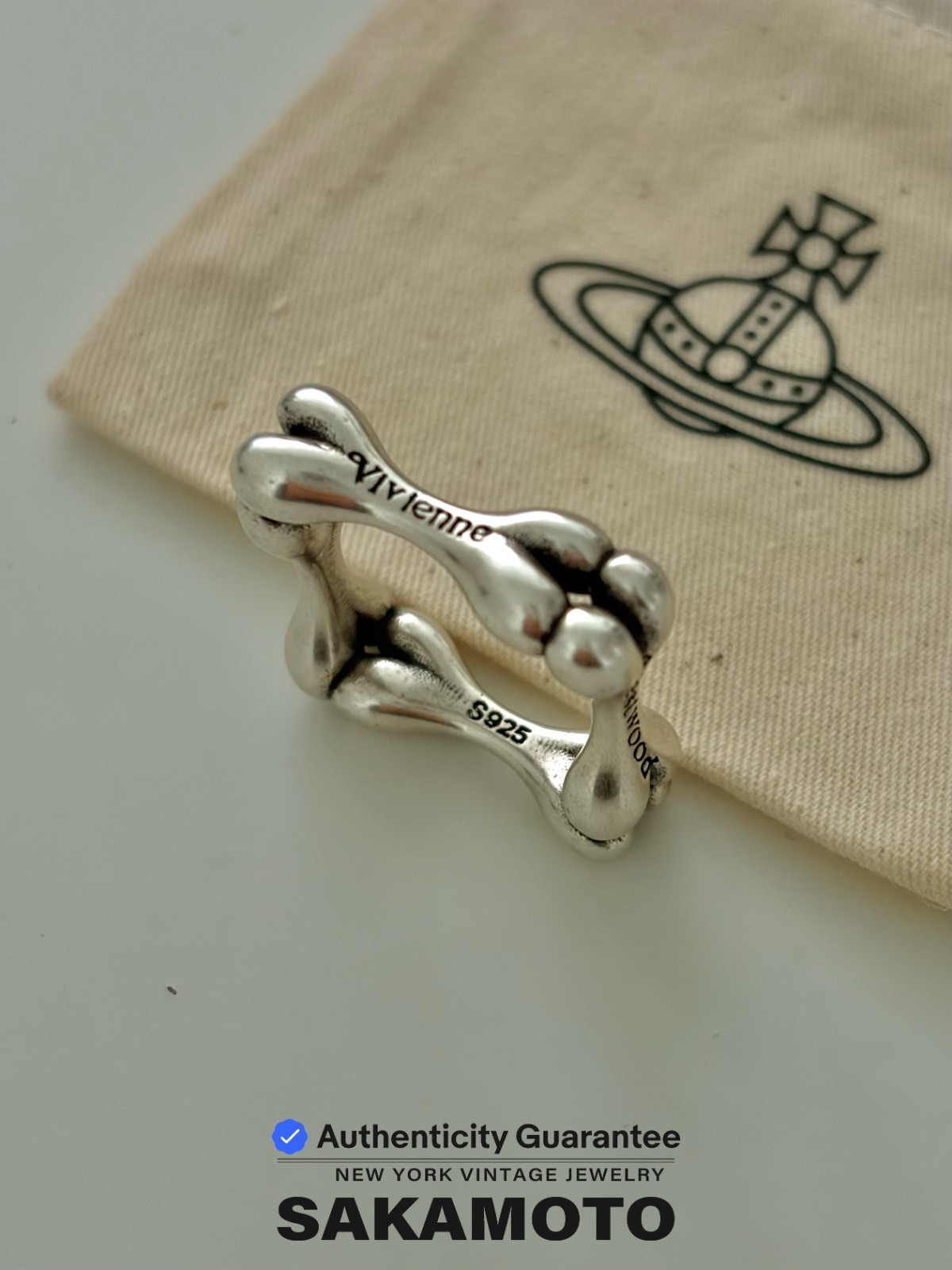 Vivienne Westwood Sterling Silver Bone Ring S925 Square Band
