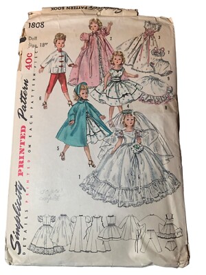 Simplicity 1808 Vintage Doll Sewing Pattern for 18'' Doll Size Six Outfits 1956