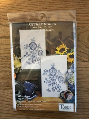 BLUE ROSE KITCHEN TOWELS STAMPED CROSS STITCH KIT - TOBIN, 1 PAIR OF TOWELS