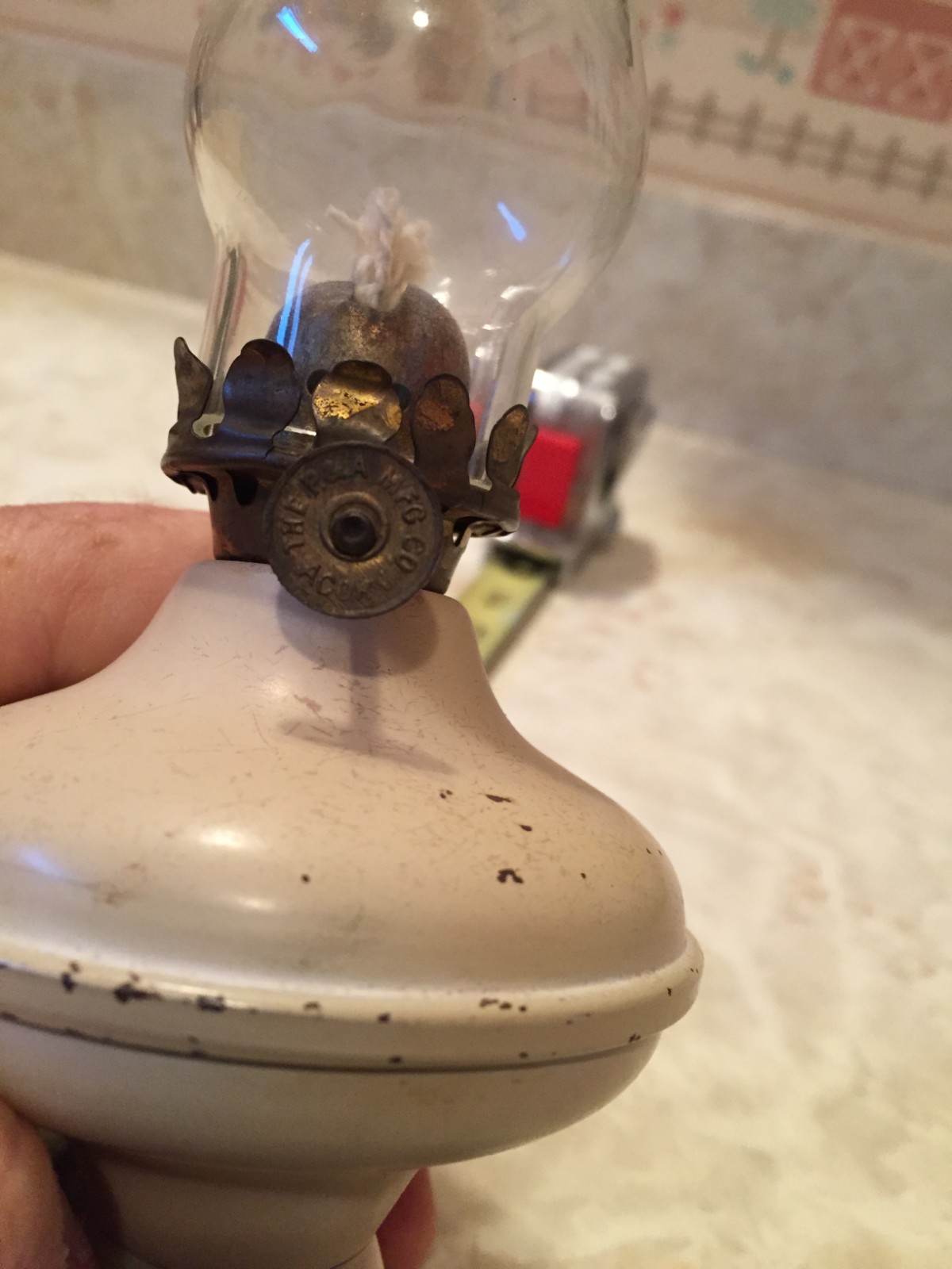 Vintage Beige Metal Miniature Oil Lamp with Shade  Acorn P&A Mfg. Co