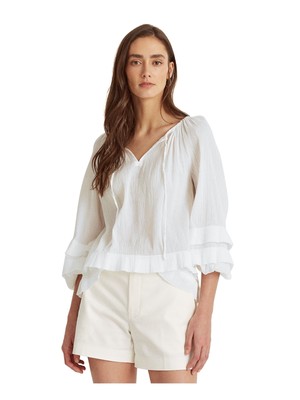 

RALPH LAUREN Женский белый эластичный пуловер с короткими рукавами и разрезом на рукавах