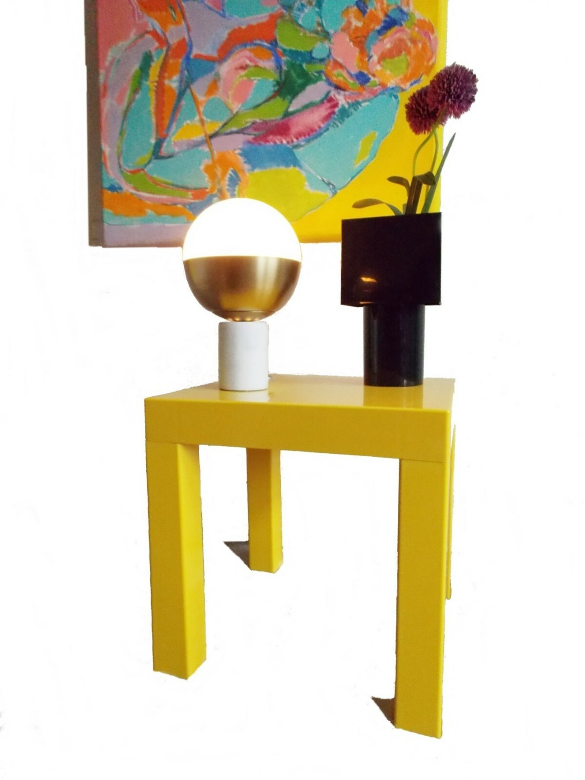 Mid Century square yellow plastic cube table / Kartell style 1960s small coffee