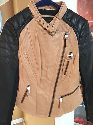 Pre-owned Zara Size M -  Real Leather Biker Jacket With Zips Two Tone Black Camel Coat In Black/ Camel/ Beige