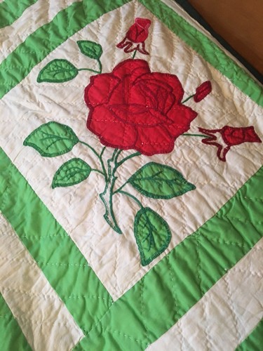 Vintage Hand Appliqued Hand Quilted red roses Quilt  84 x108 green white set