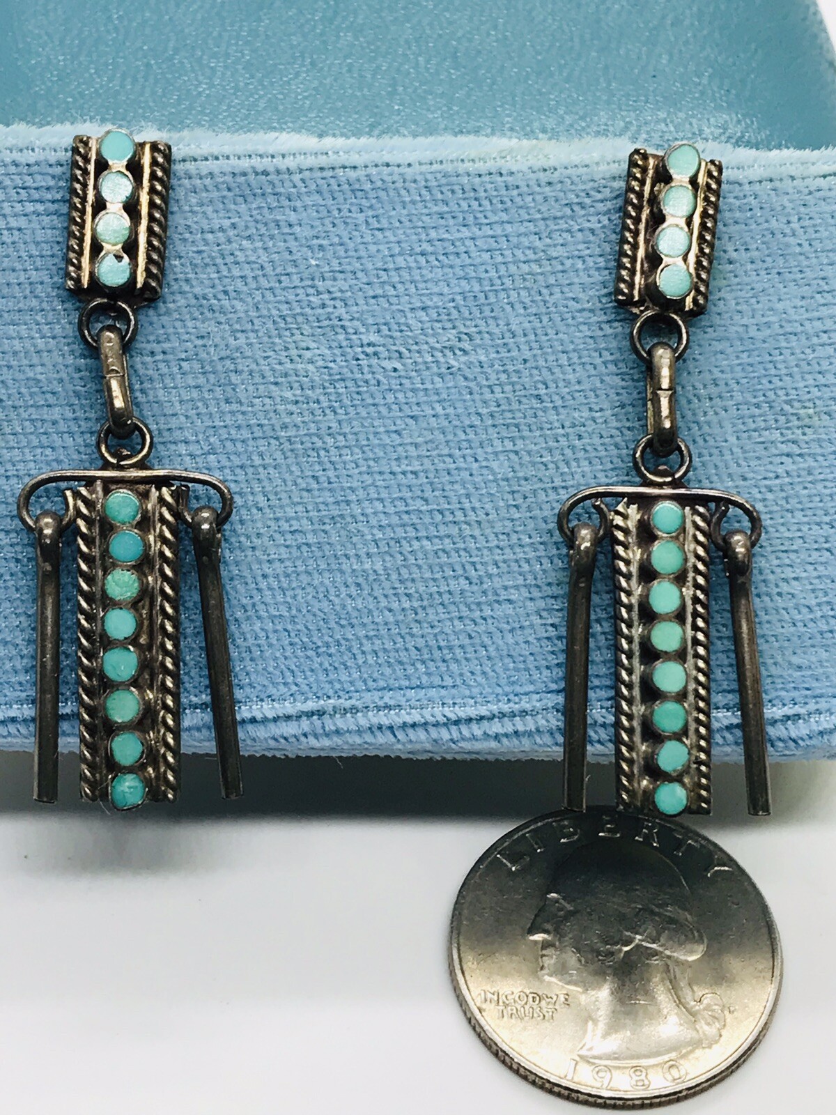 Silver Snake Eye Petit Point Turquoise Chandelier Post Drop Dangle Earrings