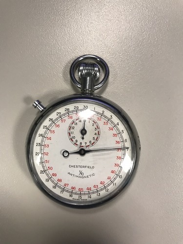 Old Vtg Chesterfield Antimagnetic 7 Jewels 1/10 Stop Watch With Orig Box