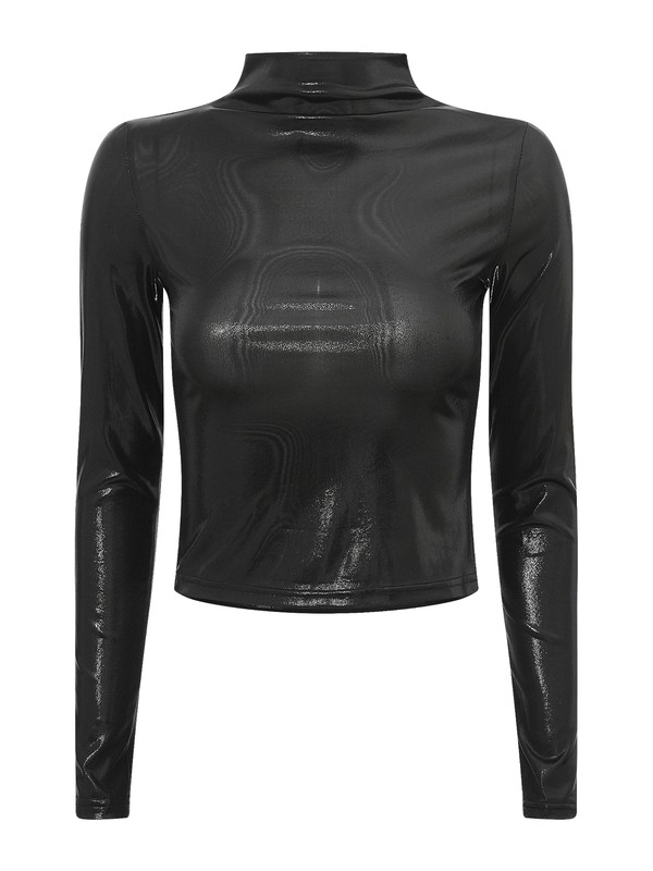 【IONSEOUL】High Neck Leather Crop Padding 4FM114 Women's Metallic Crop Top Long Sleeve Turtleneck Shiny Tank