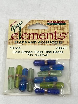 THE BEADERY CRAFT GENUINE GLASS ELEMENTS GOLD STRIPED GLASS TUBE BEADS 10 PCS