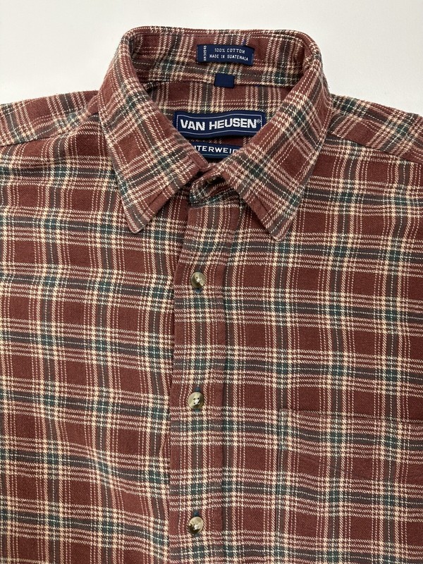 Vintage Van Heusen Winter Weights Flannel Shirt Men M Ochre Plaid Outdoor Grunge