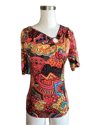 Lynn Richie V-neck Top Shirt 100% Silk Geometric Print