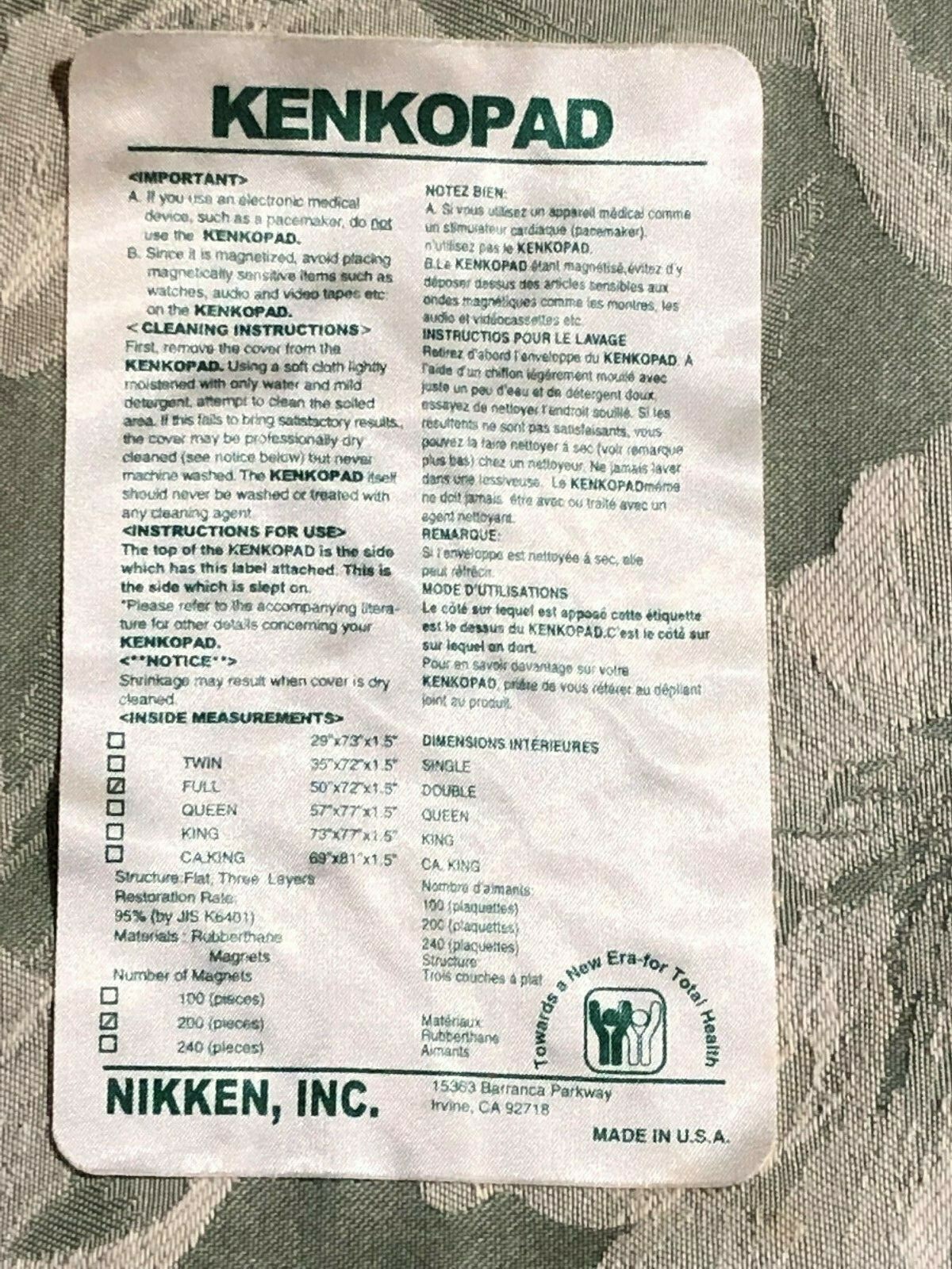 Nikken Kenkopad Magnetic Therapy Mattress Topper Pad 50