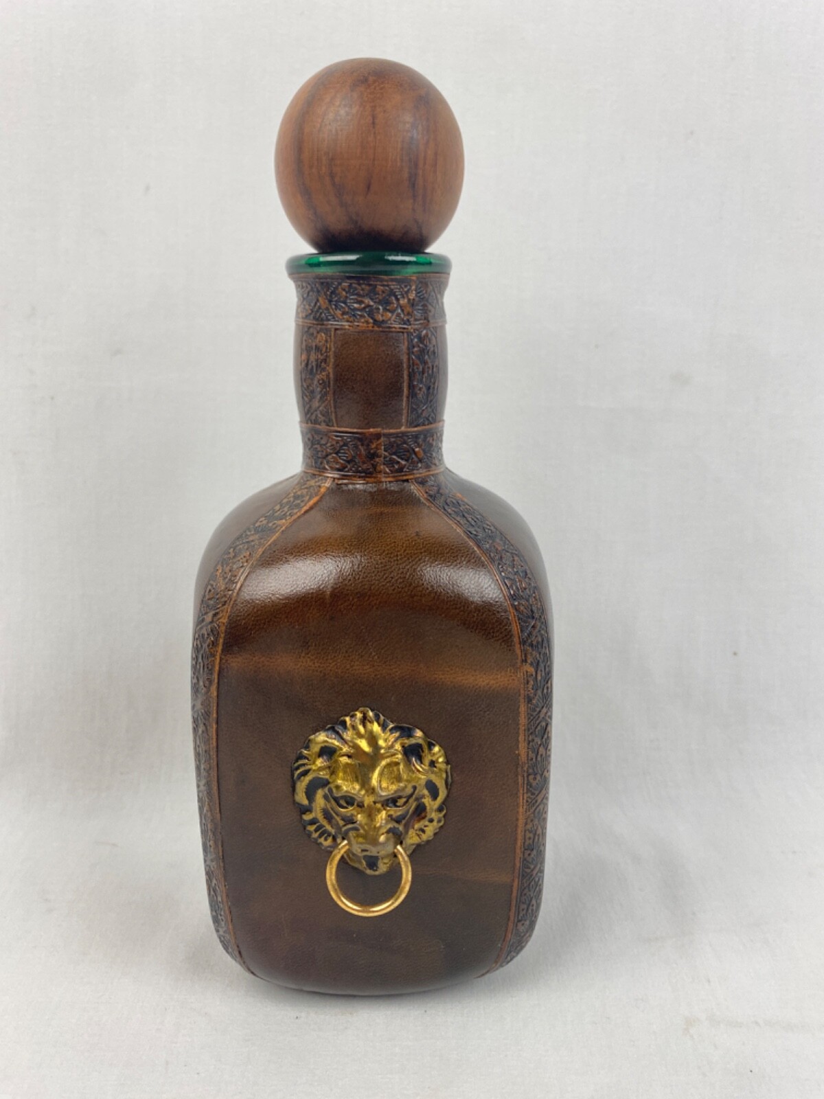 VTG革巻き酒ボトルとグラスセット ライオンと百合の紋章 Vintage