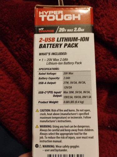 BRAND NEW! HYPER TOUGH LITHIUM-ION BATTERY PACK 20 V MAX 2.0 AH 2 USB 80039