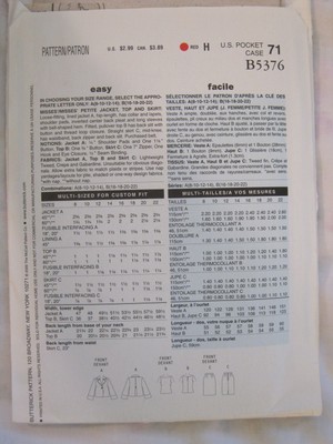 Butterick B5376 JACKET TOP SKIRT sewing pattern size 18-14 bust 31.5-36  UnCut