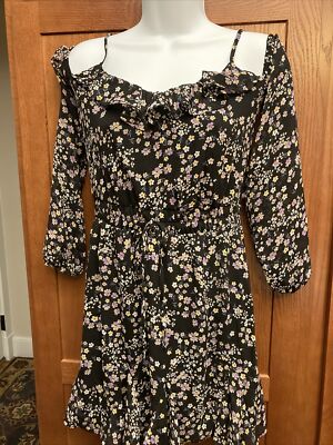 Francesca's  Mi Ami  Lined Off Shoulder Tunic Dress Blouse Black Floral, XXS