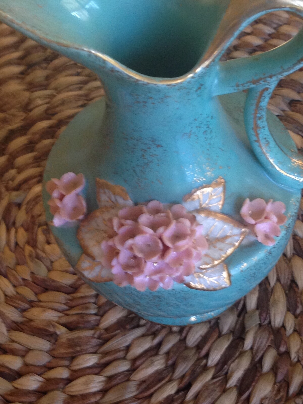 Vintage Lefton Green Pitcher Raised Pink Flowers Signed @Geo Lefton 1956