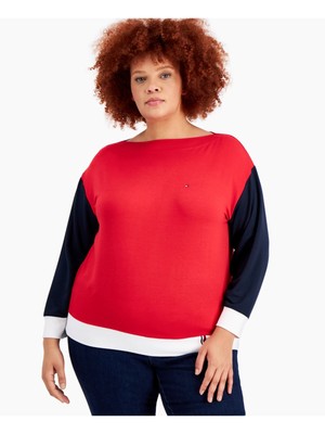 

TOMMY HILFIGER Женский красный топ в рубчик с длинными рукавами и вырезом-лодочкой Plus