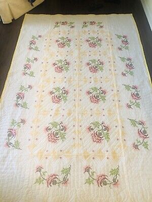 Vintage Handmade Hand Made  Cross Stitched Yellow Roses Quilt 95 X 61 Twin