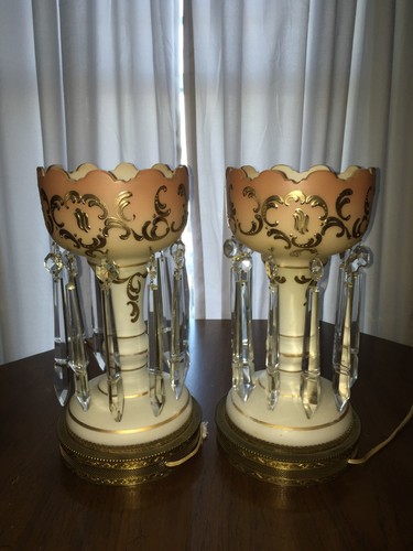 VICTORIAN CASED GLASS MANTLE LUSTERS LAMPS PINK GOLD DECORATION