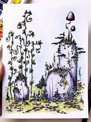 Enchanted forest original small watercolor painting