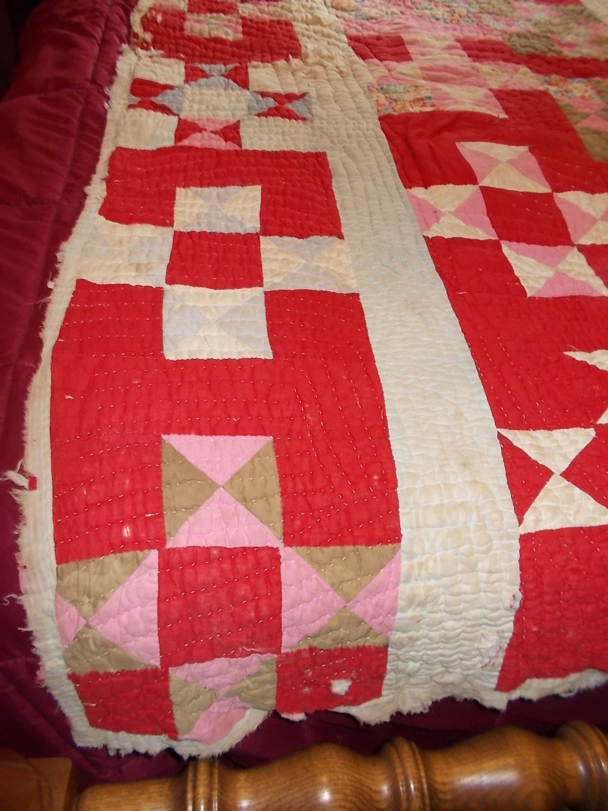 ANTIQUE OLD MATERIAL ASSORTED BLOCK PATTERN RAGGED QUILT 76